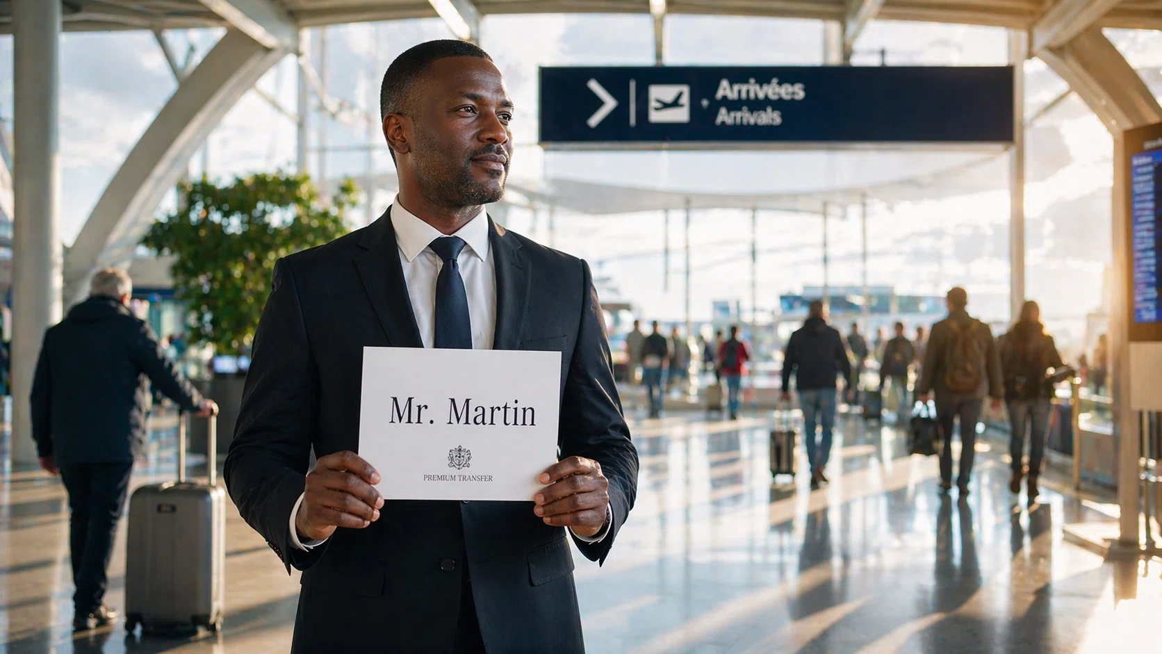 Chauffeur privé Majestik Ride avec pancarte nominative dans la zone d'arrivées de l'aéroport CDG Roissy