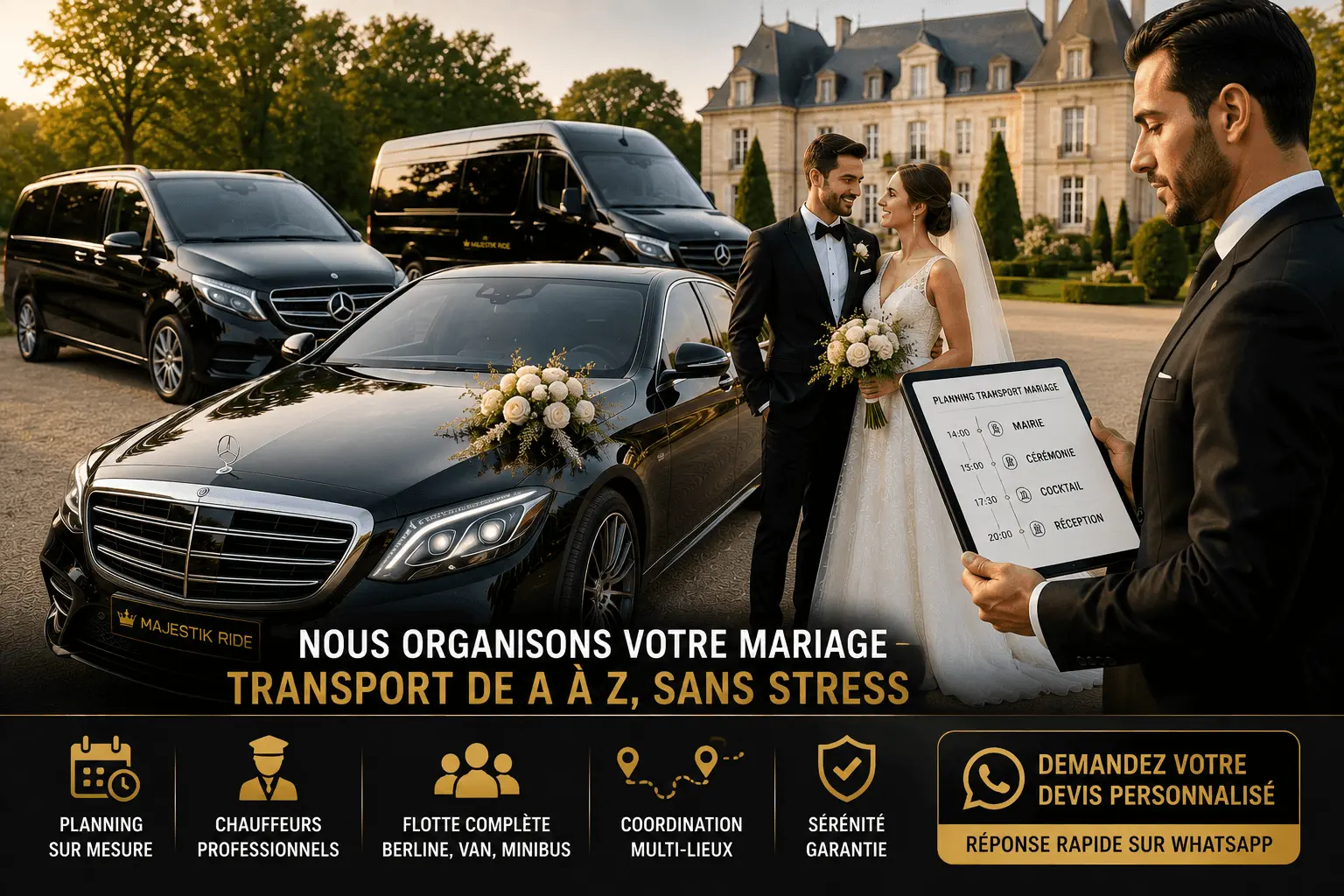 Organisation transport mariage plusieurs lieux Paris